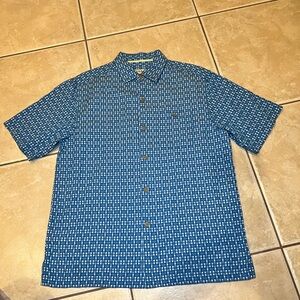 Tommy Bahama Men’s Blue White Geometric Print Silk Cotton Blend Button Down